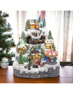 Villaggio di Natale Paesaggio Innevato 28x31cm, Trenino Albero e Babbo Rotanti, LED Colorati, Musica Natalizia, Trasformatore