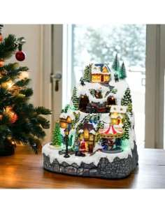 Villaggio di Natale Paesaggio Innevato 28x31cm, Trenino Albero e Babbo Rotanti, LED Colorati, Musica Natalizia, Trasformatore