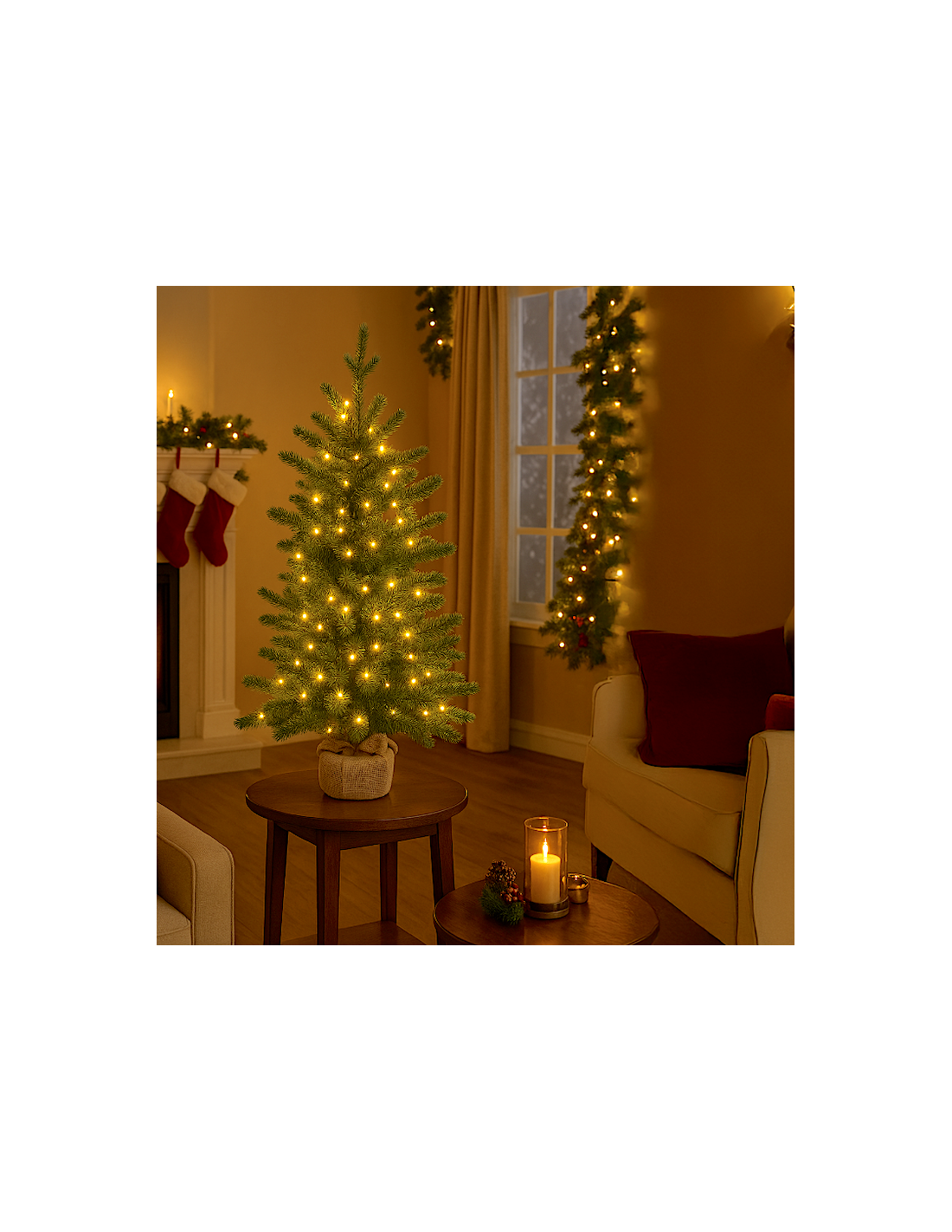 Abete Alpino di Natale Prelit H90cm, PVC+PE Verde, Base in Iuta, 180 LED Bianco Caldo, 301 Punte, Giochi di Luce