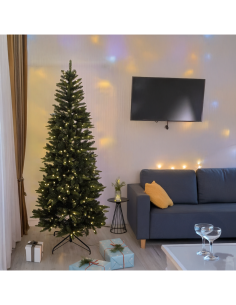 Abete Slim di Natale Prelit H210cm, PVC+PE Verde, 400 LED Bianco Caldo, 1025 Punte, Giochi di Luce