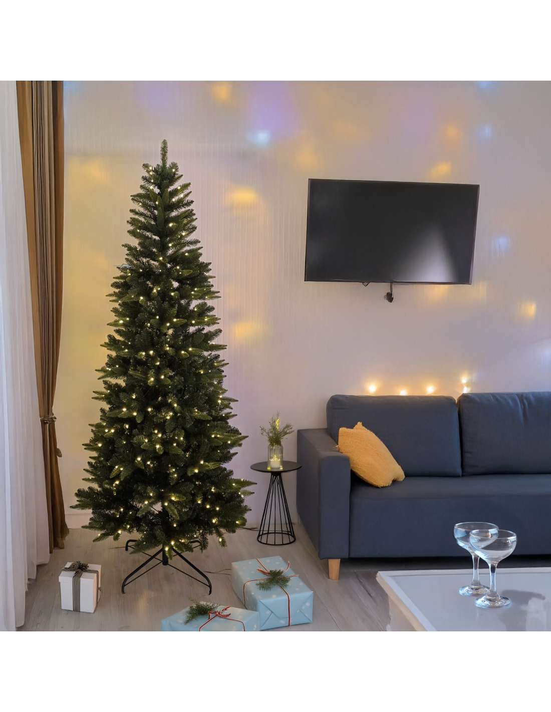 Abete Slim di Natale Prelit H210cm, PVC+PE Verde, 400 LED Bianco Caldo, 1025 Punte, Giochi di Luce