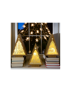 Albero di Natale Papercut Silhouette H25cm, Mix3 Modelli, LED Bianco Caldo, Timer 6h, Effetto Legno, assortito