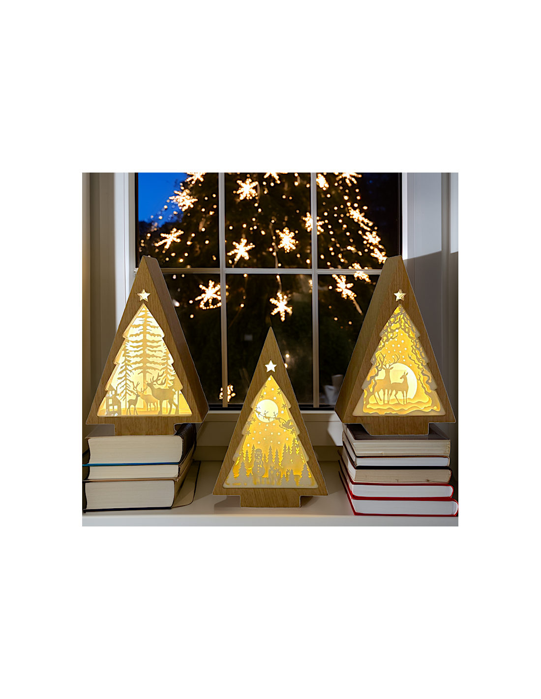 Albero di Natale Papercut Silhouette H25cm, Mix3 Modelli, LED Bianco Caldo, Timer 6h, Effetto Legno, assortito