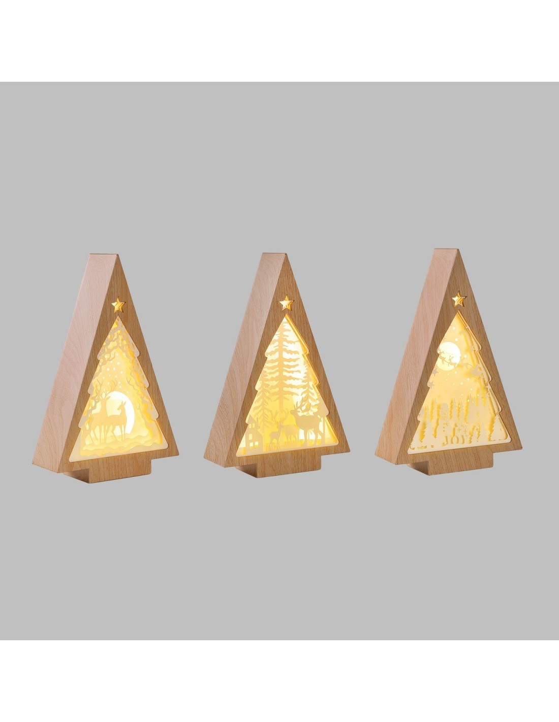 Albero di Natale Papercut Silhouette H25cm, Mix3 Modelli, LED Bianco Caldo, Timer 6h, Effetto Legno, assortito