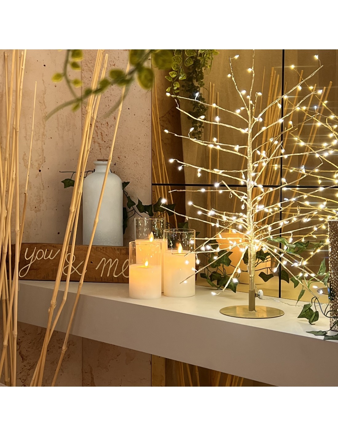 Albero Ramo di Natale Tiglio Champagne H60cm, 160 MicroLED Bianco Caldo e Bianco, FlashLED Diamond, Rami Modellabili