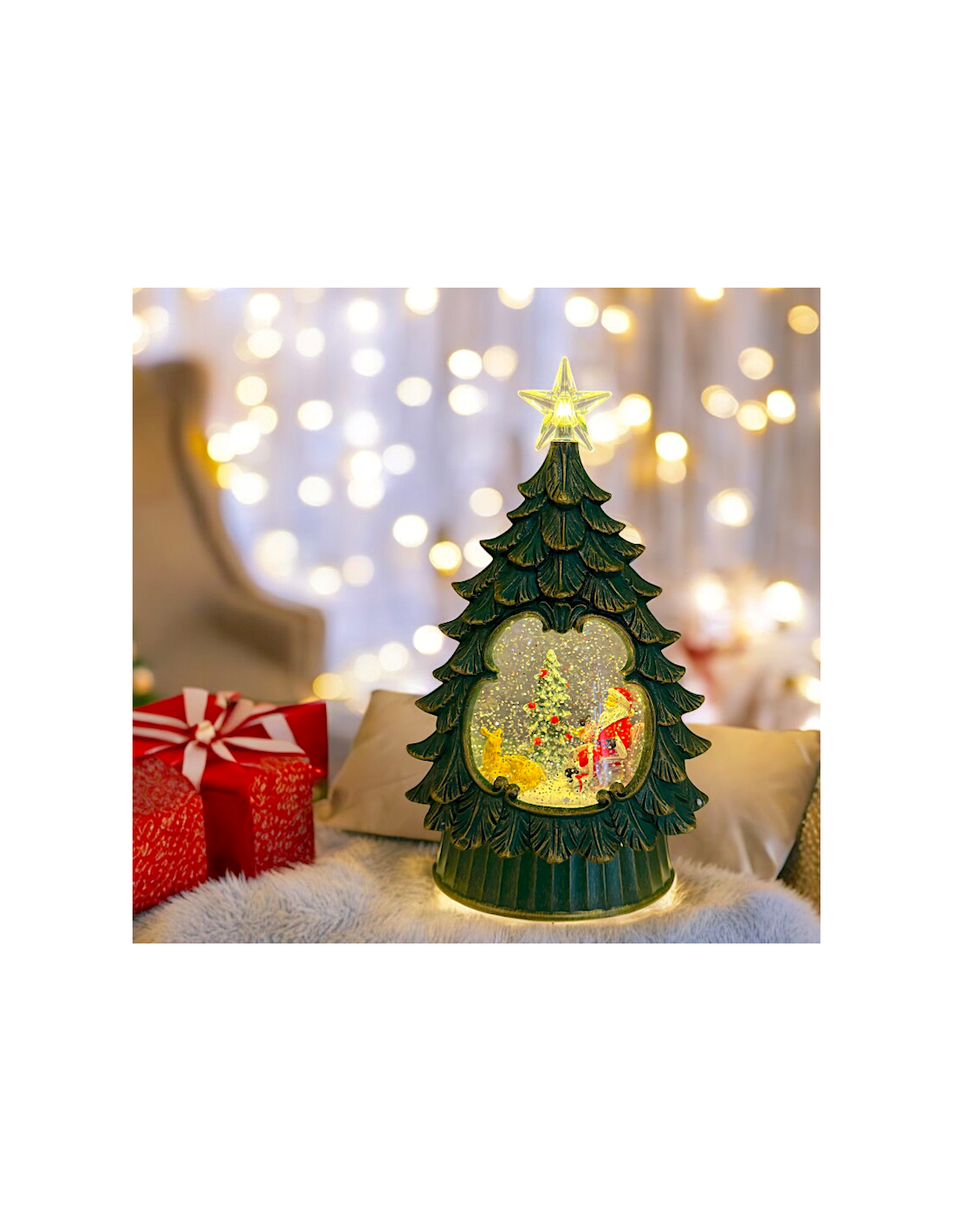Albero di Natale Glitter LED H26cm, Verde Antico Oro, Effetto Acqua e Glitter in Movimento, Batteria o Trasformatore