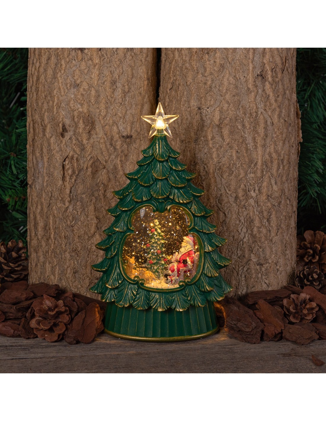 Albero di Natale Glitter LED H26cm, Verde Antico Oro, Effetto Acqua e Glitter in Movimento, Batteria o Trasformatore