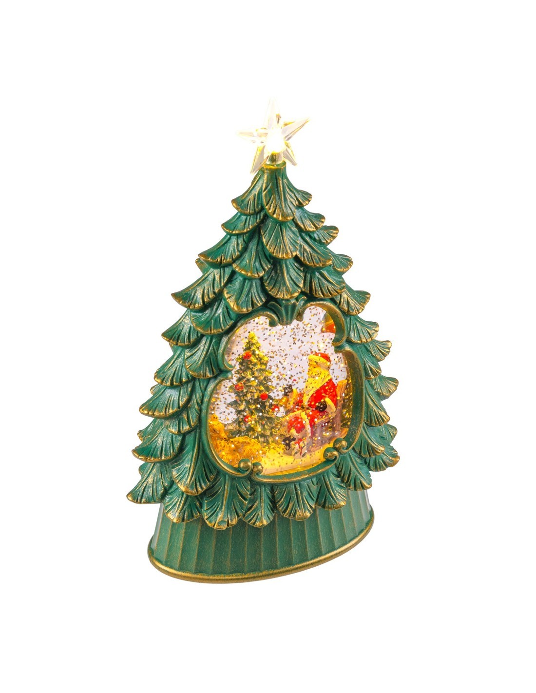 Albero di Natale Glitter LED H26cm, Verde Antico Oro, Effetto Acqua e Glitter in Movimento, Batteria o Trasformatore