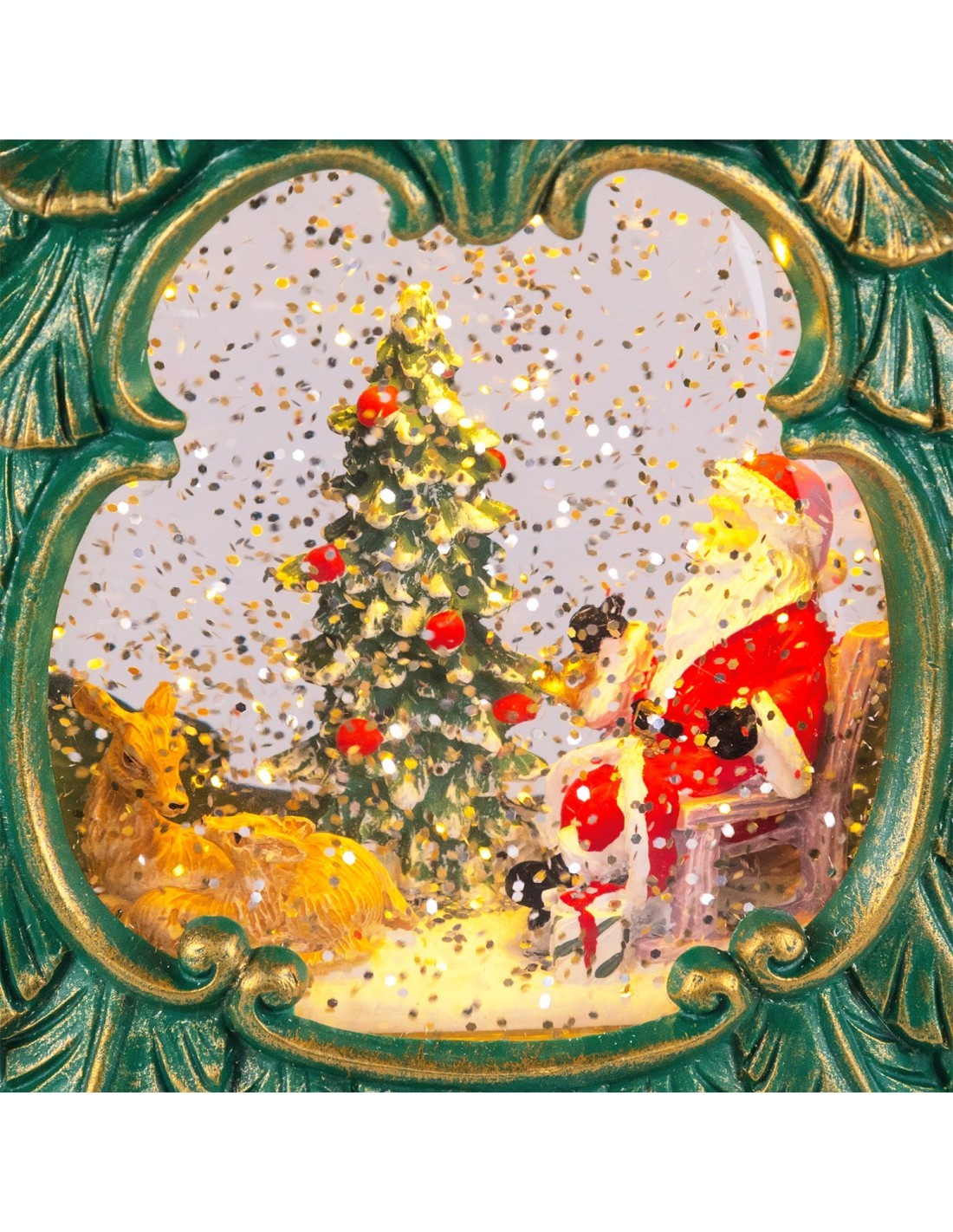 Albero di Natale Glitter LED H26cm, Verde Antico Oro, Effetto Acqua e Glitter in Movimento, Batteria o Trasformatore