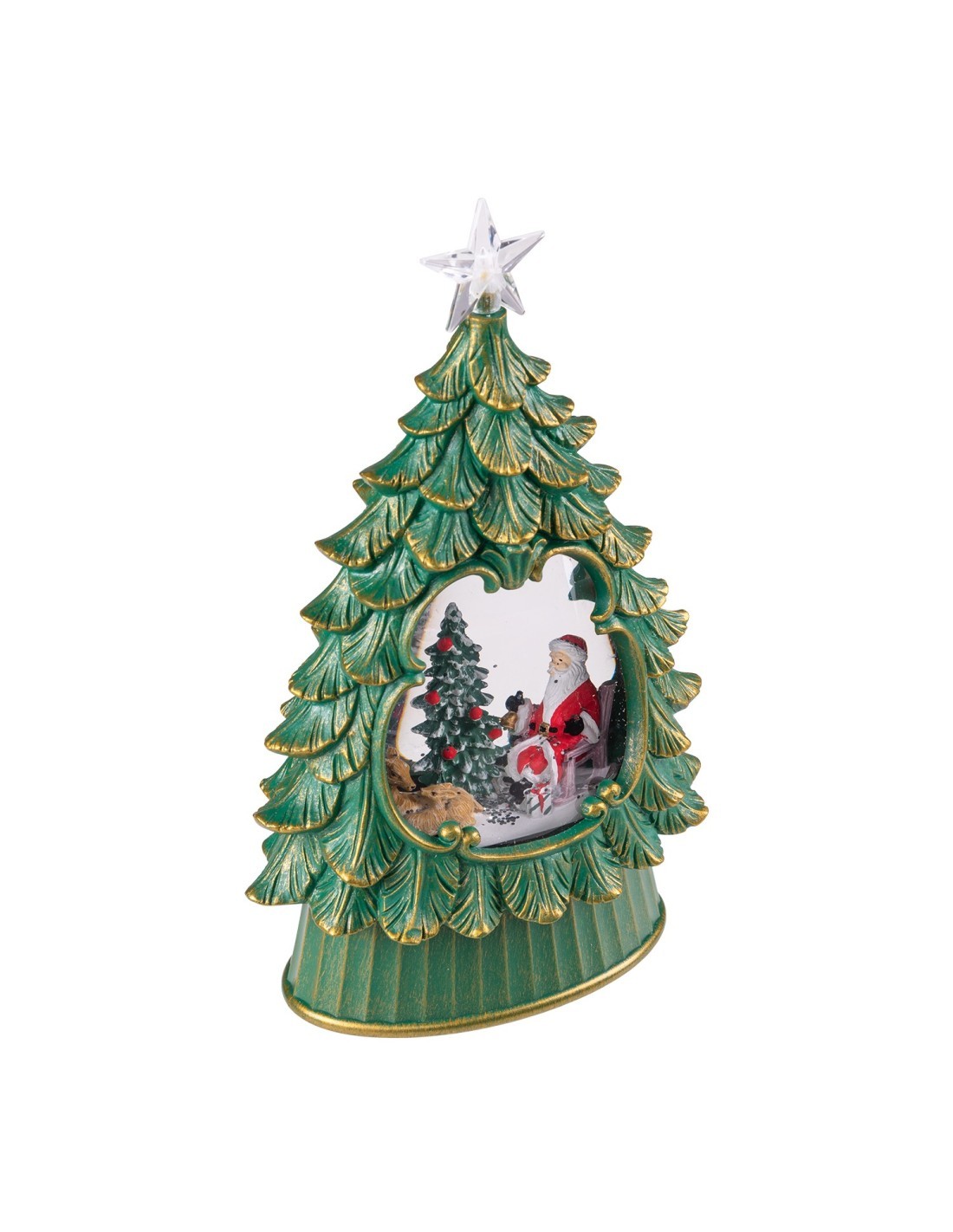 Albero di Natale Glitter LED H26cm, Verde Antico Oro, Effetto Acqua e Glitter in Movimento, Batteria o Trasformatore