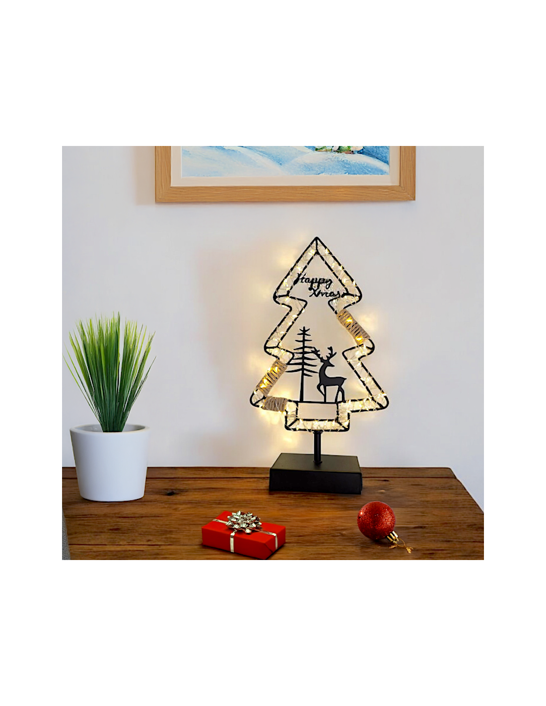 Albero di Natale MPK con Base H35cm, Struttura in Metallo Nero, MicroLED Bianco Caldo, Timer 8h, Batteria Portatile