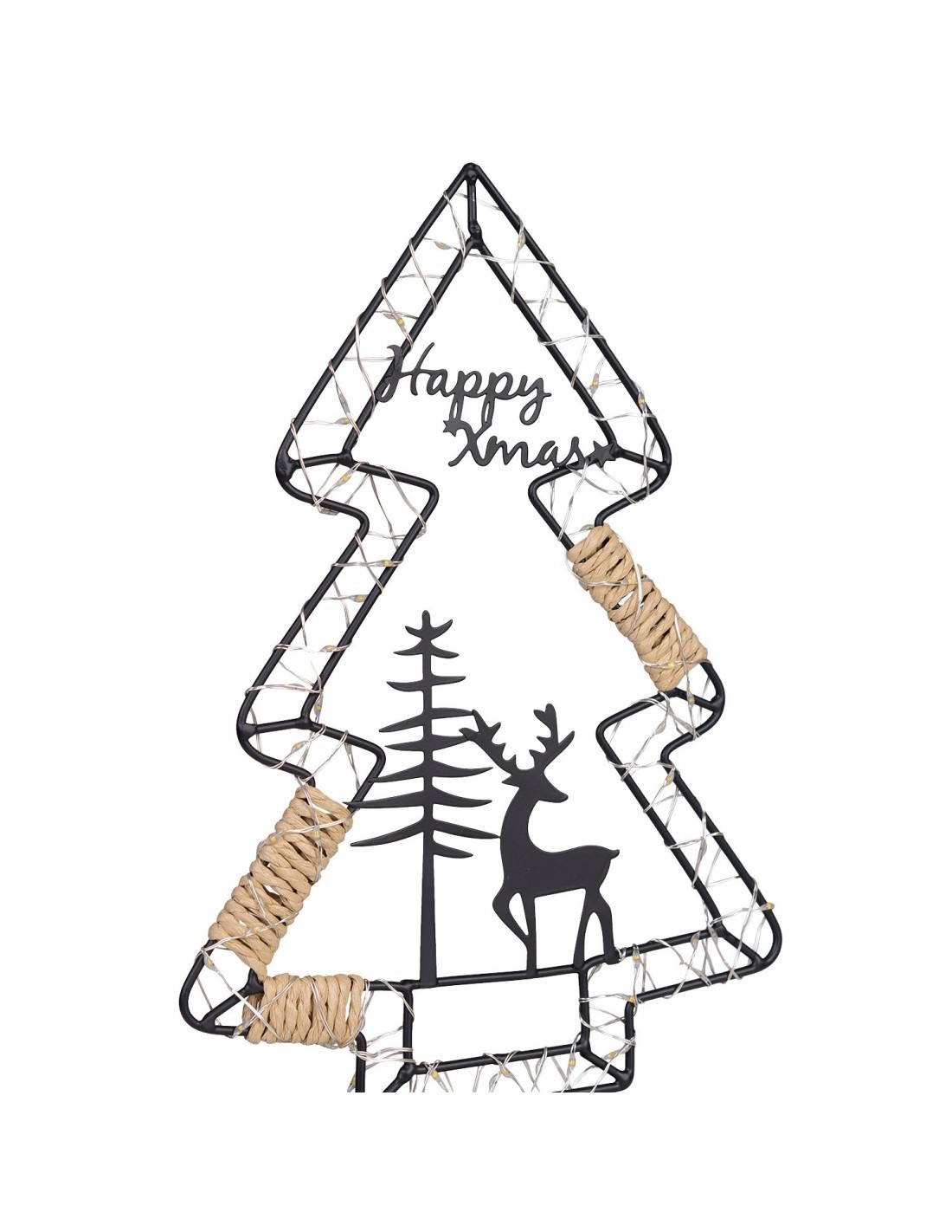 Albero di Natale MPK con Base H35cm, Struttura in Metallo Nero, MicroLED Bianco Caldo, Timer 8h, Batteria Portatile