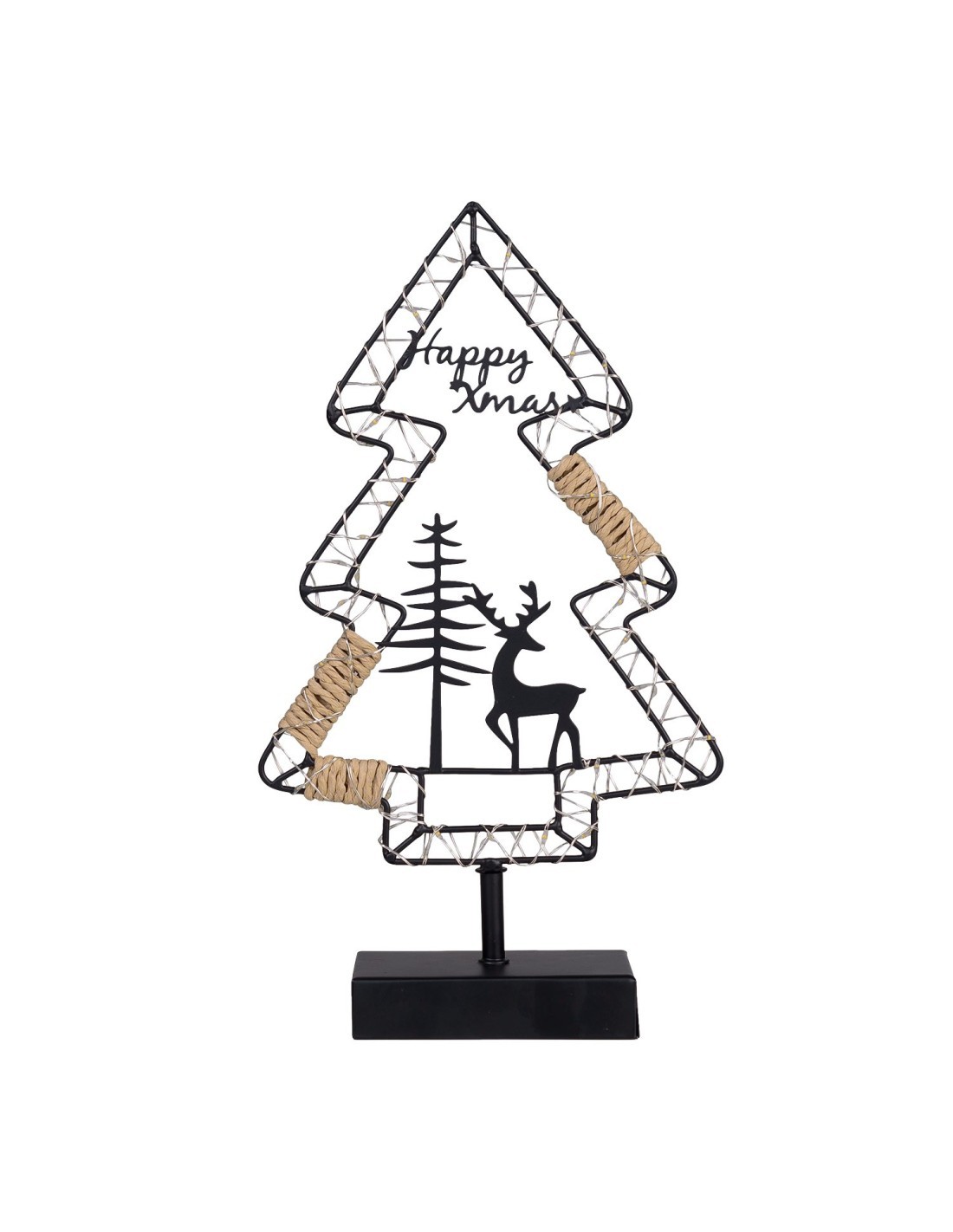 Albero di Natale MPK con Base H35cm, Struttura in Metallo Nero, MicroLED Bianco Caldo, Timer 8h, Batteria Portatile