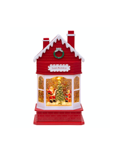 Workshop di Babbo Natale Glitter LED H28cm, Effetto Acqua e Glitter in Movimento, LED Bianco Caldo, Batteria o Trasformatore