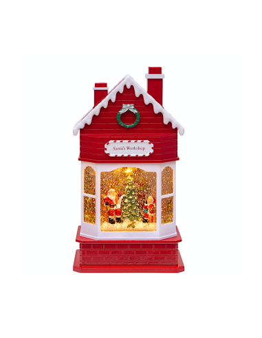 Workshop di Babbo Natale Glitter LED H28cm, Effetto Acqua e Glitter in Movimento, LED Bianco Caldo, Batteria o Trasformatore