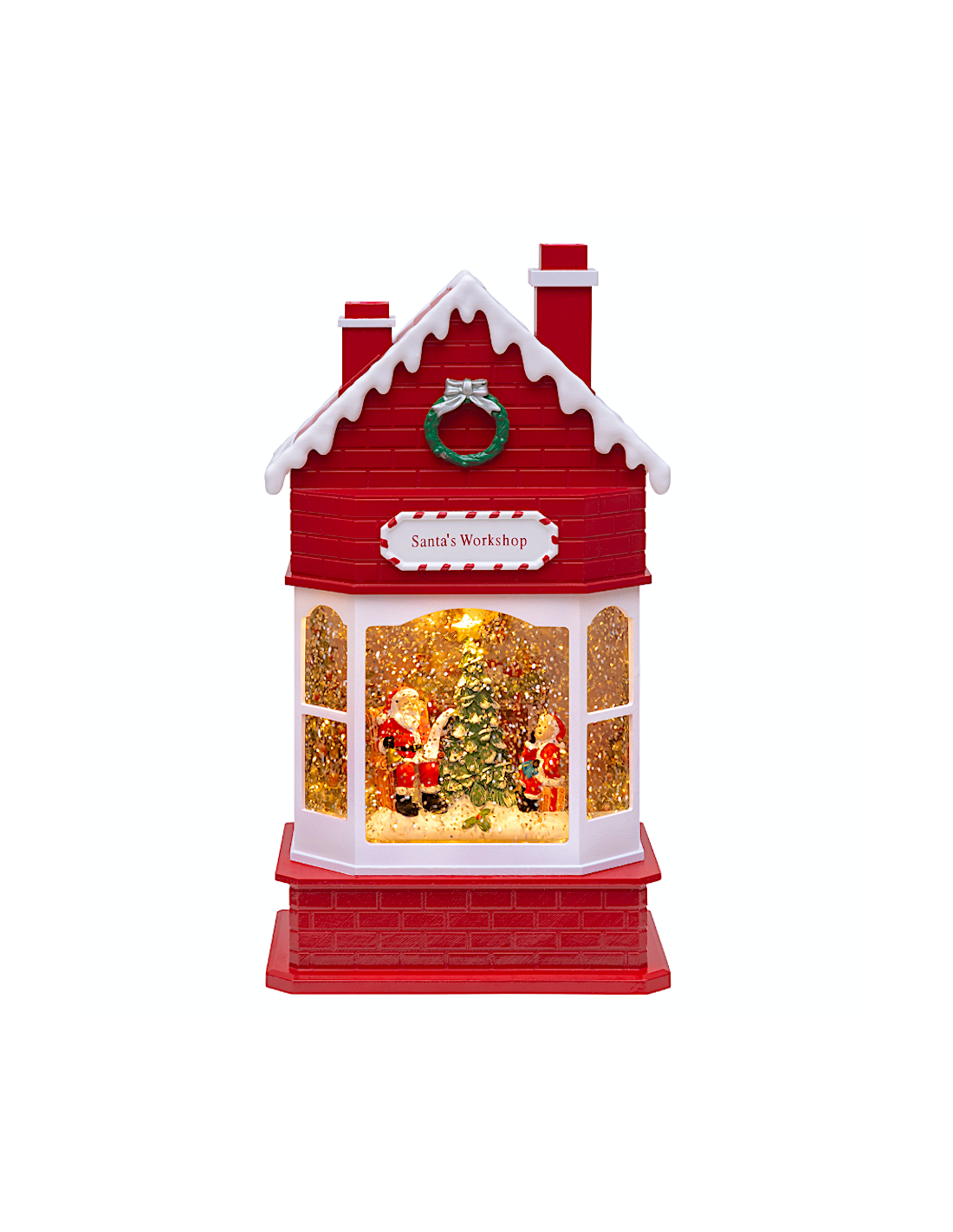 Workshop di Babbo Natale Glitter LED H28cm, Effetto Acqua e Glitter in Movimento, LED Bianco Caldo, Batteria o Trasformatore
