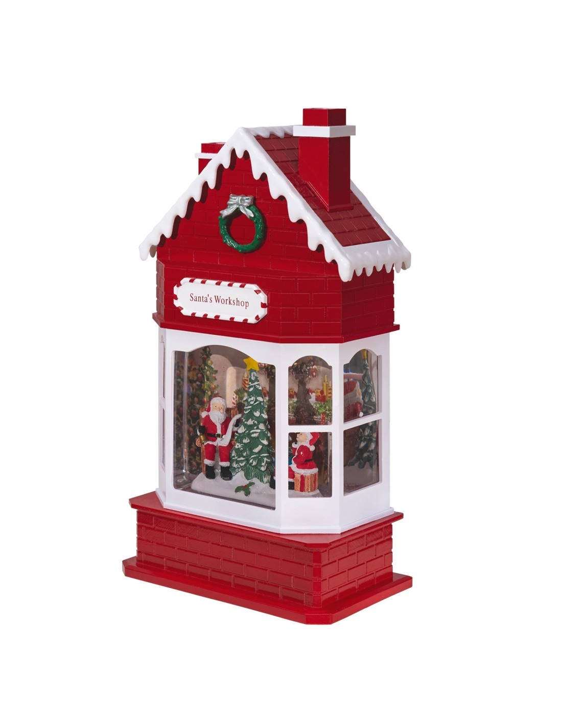 Workshop di Babbo Natale Glitter LED H28cm, Effetto Acqua e Glitter in Movimento, LED Bianco Caldo, Batteria o Trasformatore