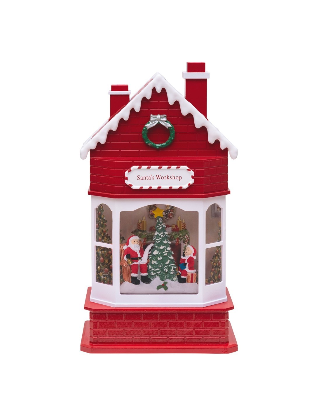 Workshop di Babbo Natale Glitter LED H28cm, Effetto Acqua e Glitter in Movimento, LED Bianco Caldo, Batteria o Trasformatore