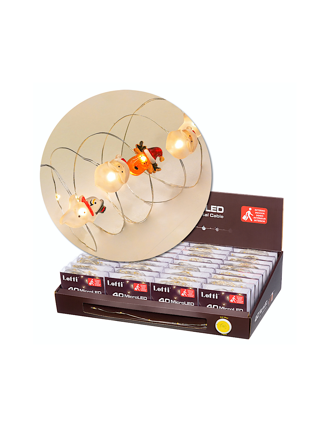 Catena di Natale Decorata D4 4m, 40 MicroLED Bianco Caldo, Babbo Renna Pupazzo 3D, Cavo Argento, Batteria