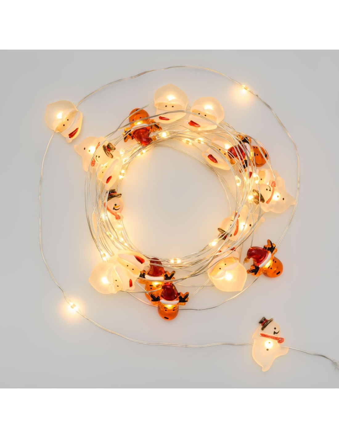 Catena di Natale Decorata D4 4m, 40 MicroLED Bianco Caldo, Babbo Renna Pupazzo 3D, Cavo Argento, Batteria