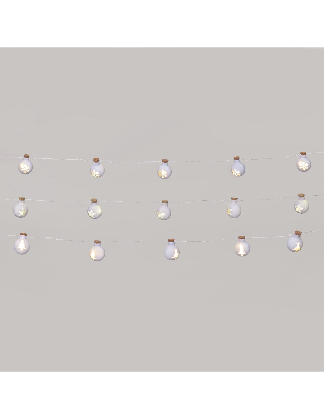 Catena di Natale 12 Sfere Vetro Bianco Opaco ø25mm, Mix3 Decori Stella Cristallo Albero, MicroLED Bianco Caldo, Batteria