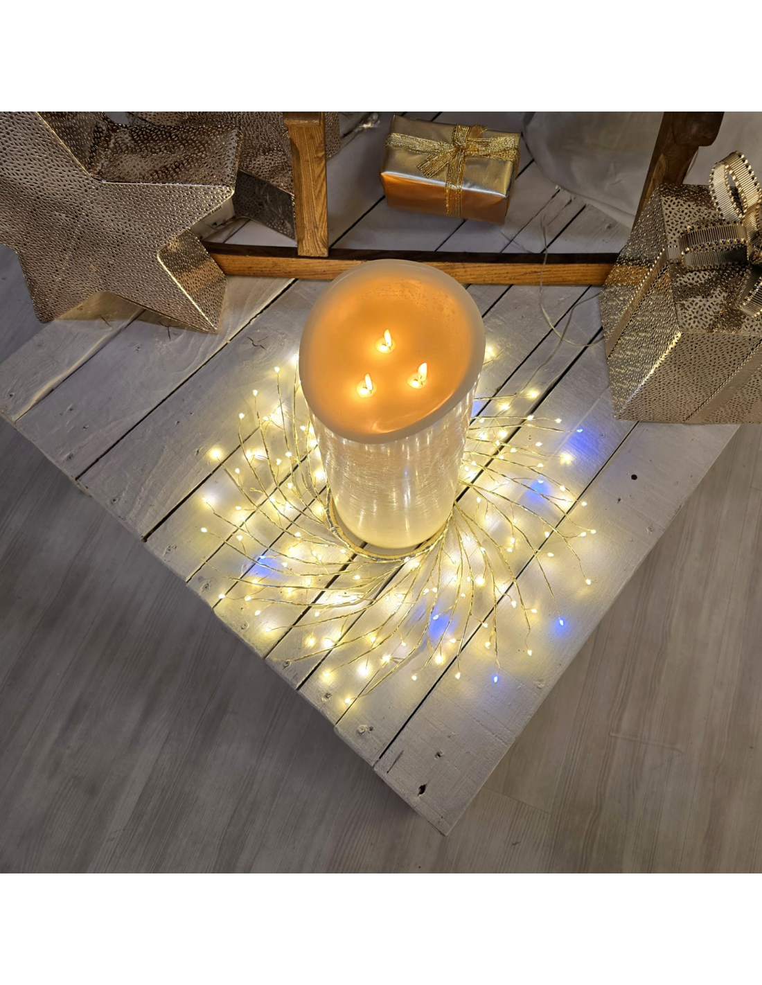 Corona di Natale Tiglio Champagne ø45cm, 160 MicroLED Bianco Caldo e Bianco, FlashLED Diamond, Appendibile o da Appoggio