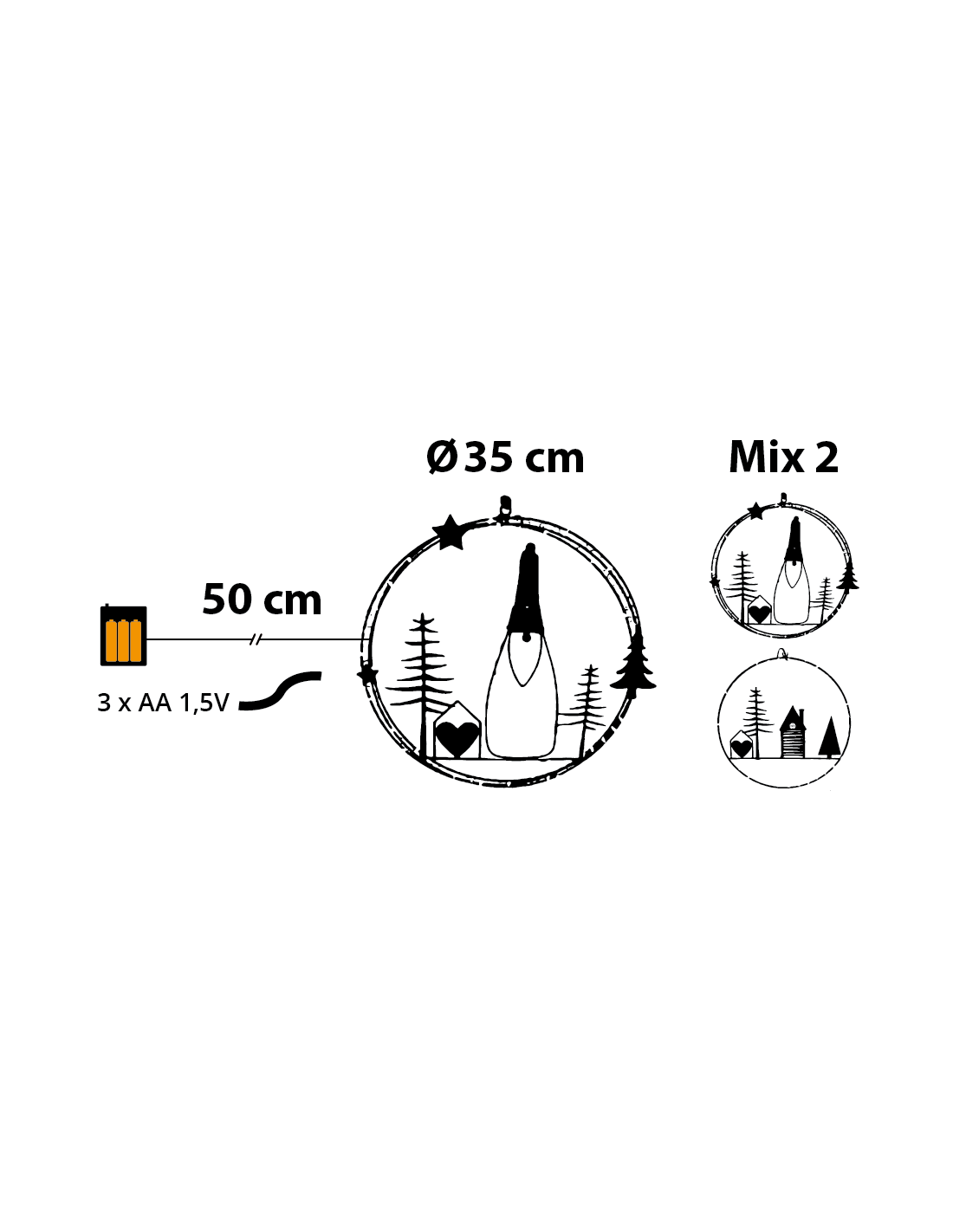 Decorazione di Natale MPK Ring ø35cm, Mix2 Soggetti in Metallo Nero, MicroLED Bianco Caldo, Timer 8h, Batteria