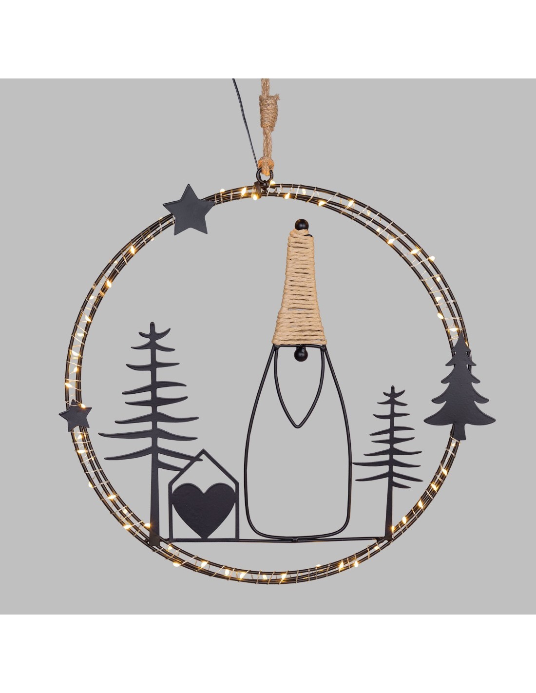 Decorazione di Natale MPK Ring ø35cm, Mix2 Soggetti in Metallo Nero, MicroLED Bianco Caldo, Timer 8h, Batteria