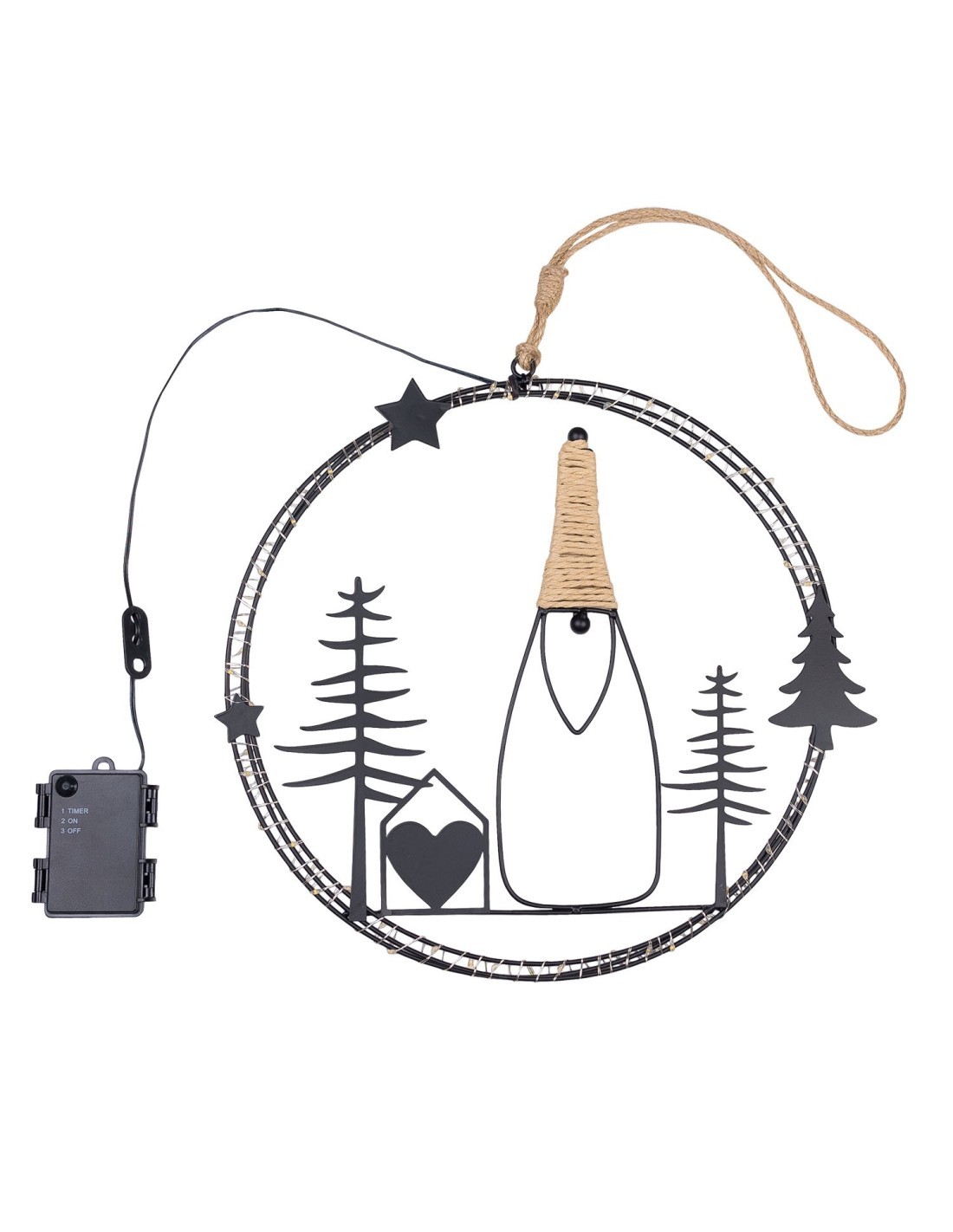 Decorazione di Natale MPK Ring ø35cm, Mix2 Soggetti in Metallo Nero, MicroLED Bianco Caldo, Timer 8h, Batteria