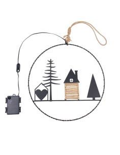 Decorazione di Natale MPK Ring ø35cm, Mix2 Soggetti in Metallo Nero, MicroLED Bianco Caldo, Timer 8h, Batteria