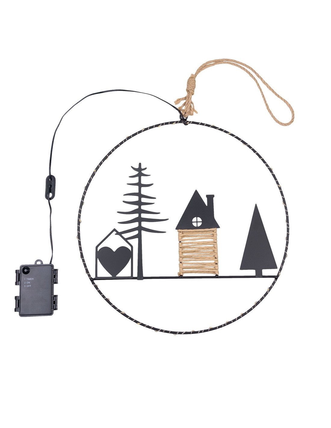 Decorazione di Natale MPK Ring ø35cm, Mix2 Soggetti in Metallo Nero, MicroLED Bianco Caldo, Timer 8h, Batteria