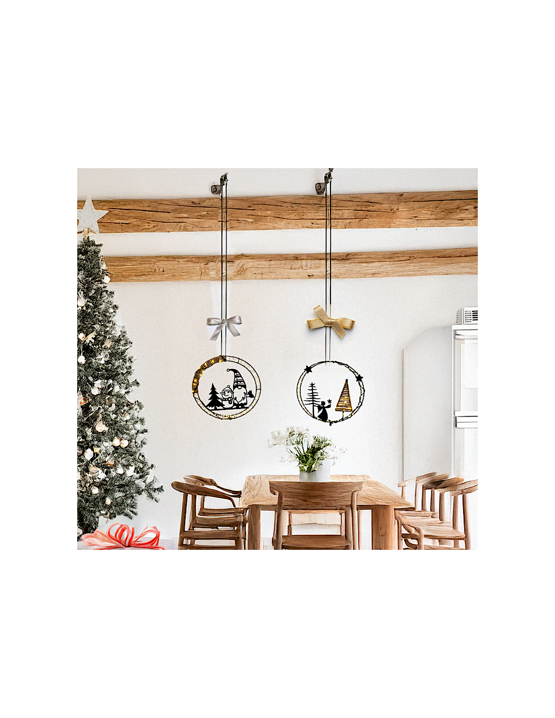 Decorazione di Natale MPK Ring ø25cm, Mix2 Soggetti in Metallo Nero, MicroLED Bianco Caldo, Timer 8h, Batteria