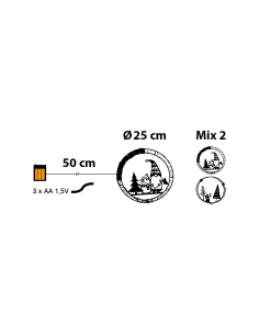 Decorazione di Natale MPK Ring ø25cm, Mix2 Soggetti in Metallo Nero, MicroLED Bianco Caldo, Timer 8h, Batteria 2