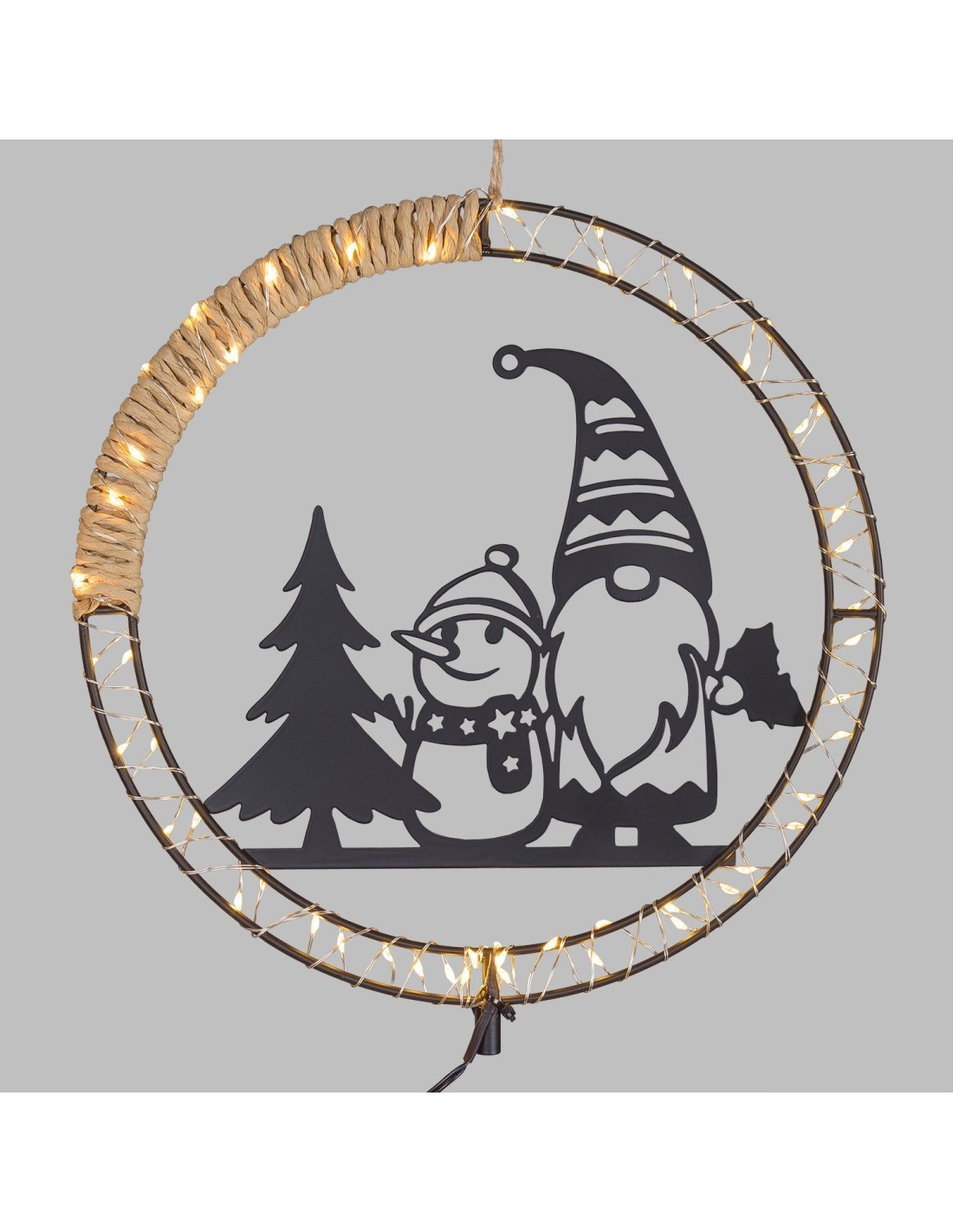 Decorazione di Natale MPK Ring ø25cm, Mix2 Soggetti in Metallo Nero, MicroLED Bianco Caldo, Timer 8h, Batteria