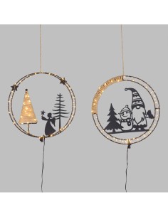 Decorazione di Natale MPK Ring ø25cm, Mix2 Soggetti in Metallo Nero, MicroLED Bianco Caldo, Timer 8h, Batteria