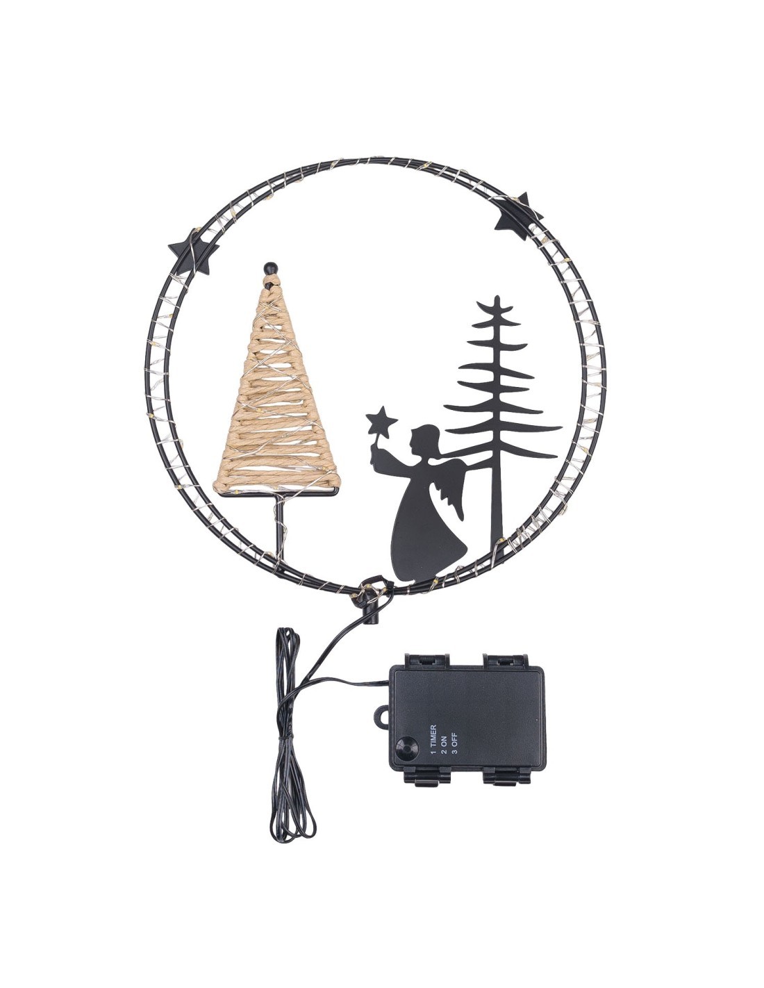 Decorazione di Natale MPK Ring ø25cm, Mix2 Soggetti in Metallo Nero, MicroLED Bianco Caldo, Timer 8h, Batteria