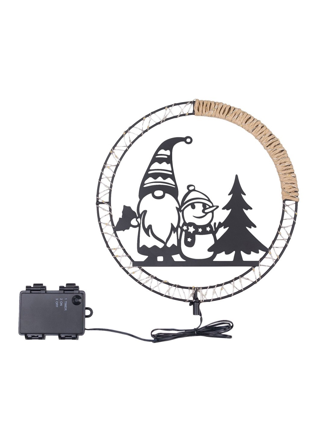 Decorazione di Natale MPK Ring ø25cm, Mix2 Soggetti in Metallo Nero, MicroLED Bianco Caldo, Timer 8h, Batteria