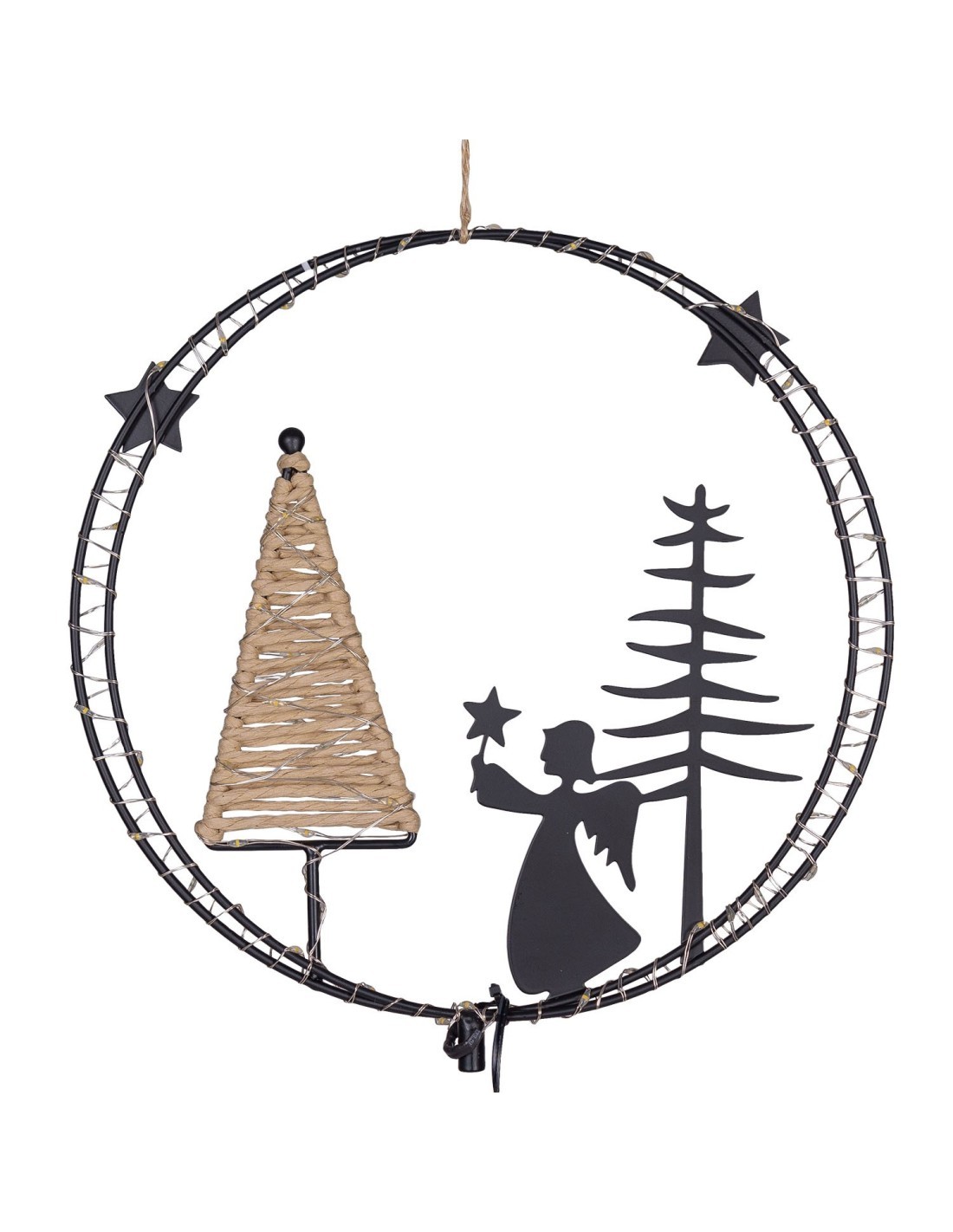 Decorazione di Natale MPK Ring ø25cm, Mix2 Soggetti in Metallo Nero, MicroLED Bianco Caldo, Timer 8h, Batteria