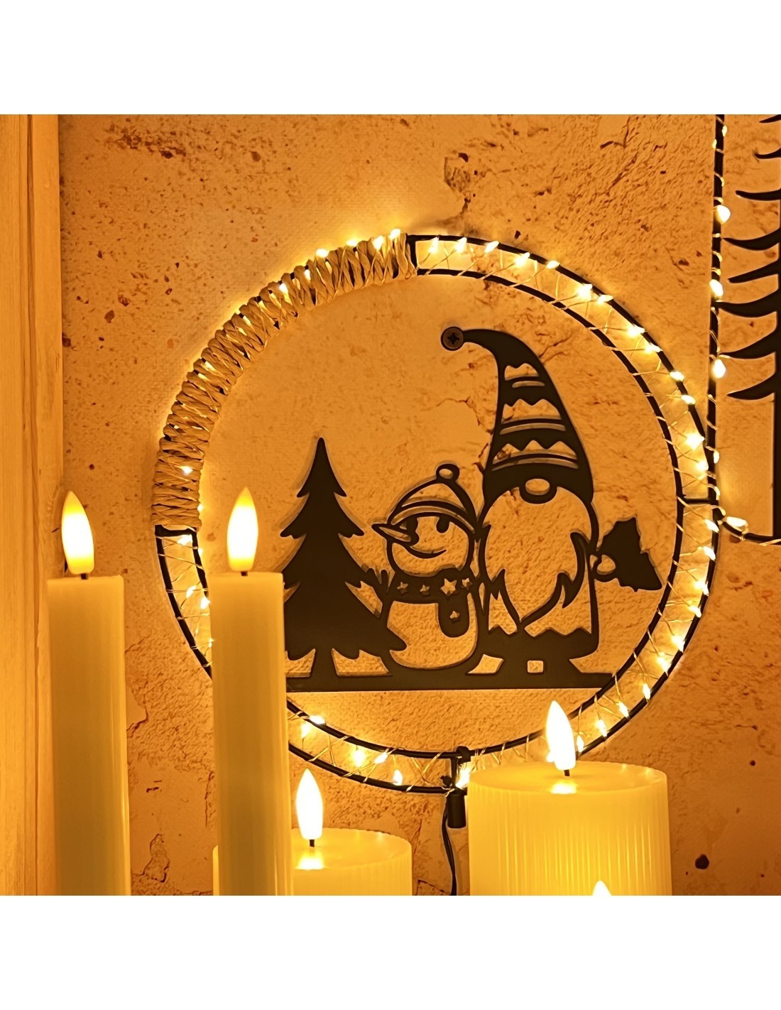 Decorazione di Natale MPK Ring ø25cm, Mix2 Soggetti in Metallo Nero, MicroLED Bianco Caldo, Timer 8h, Batteria