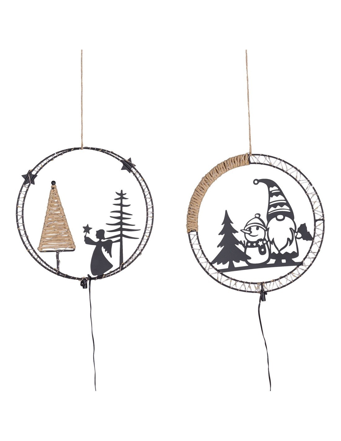 Decorazione di Natale MPK Ring ø25cm, Mix2 Soggetti in Metallo Nero, MicroLED Bianco Caldo, Timer 8h, Batteria