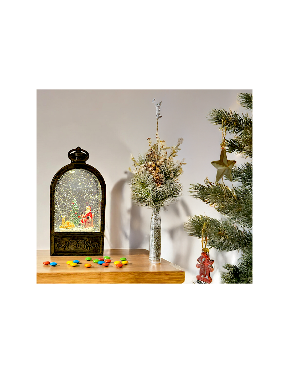 Lanterna di Natale Arc Brunita Glitter LED H24cm, LED Bianco Caldo, Musica Natalizia, Batteria o Trasformatore