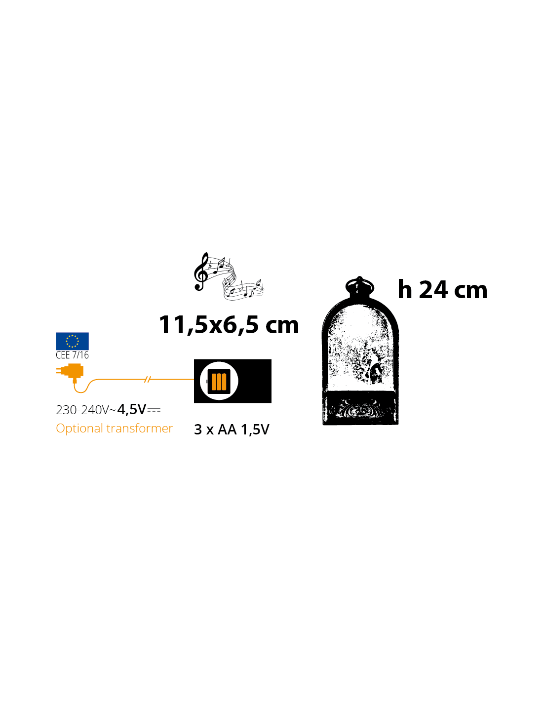 Lanterna di Natale Arc Brunita Glitter LED H24cm, LED Bianco Caldo, Musica Natalizia, Batteria o Trasformatore