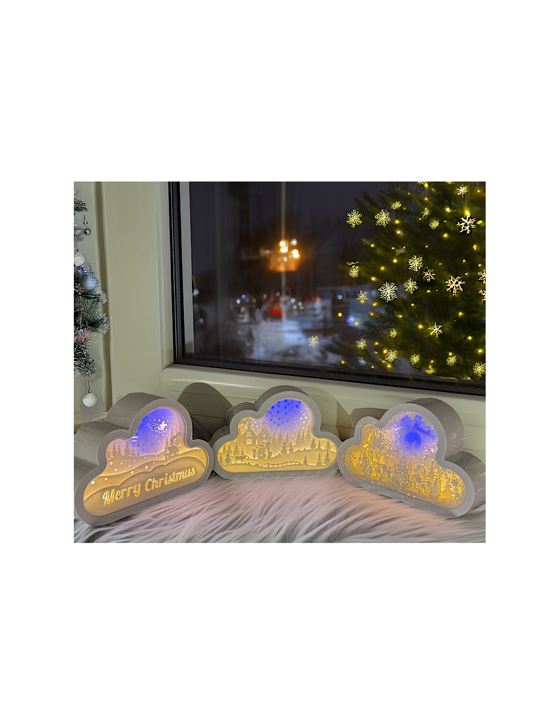 Decorazione di Natale Papercut Silhouette Nuvola 20cm, Mix3 Modelli, LED Bianco Caldo e Blu, Timer 6h, Batteria ASSORTITO