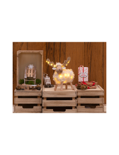 Pecorenna di Natale H23cm, 32 MicroLED Dual Color Bianco Caldo e Multi, 8 Giochi di Luce, Timer 6h, Legno Naturale