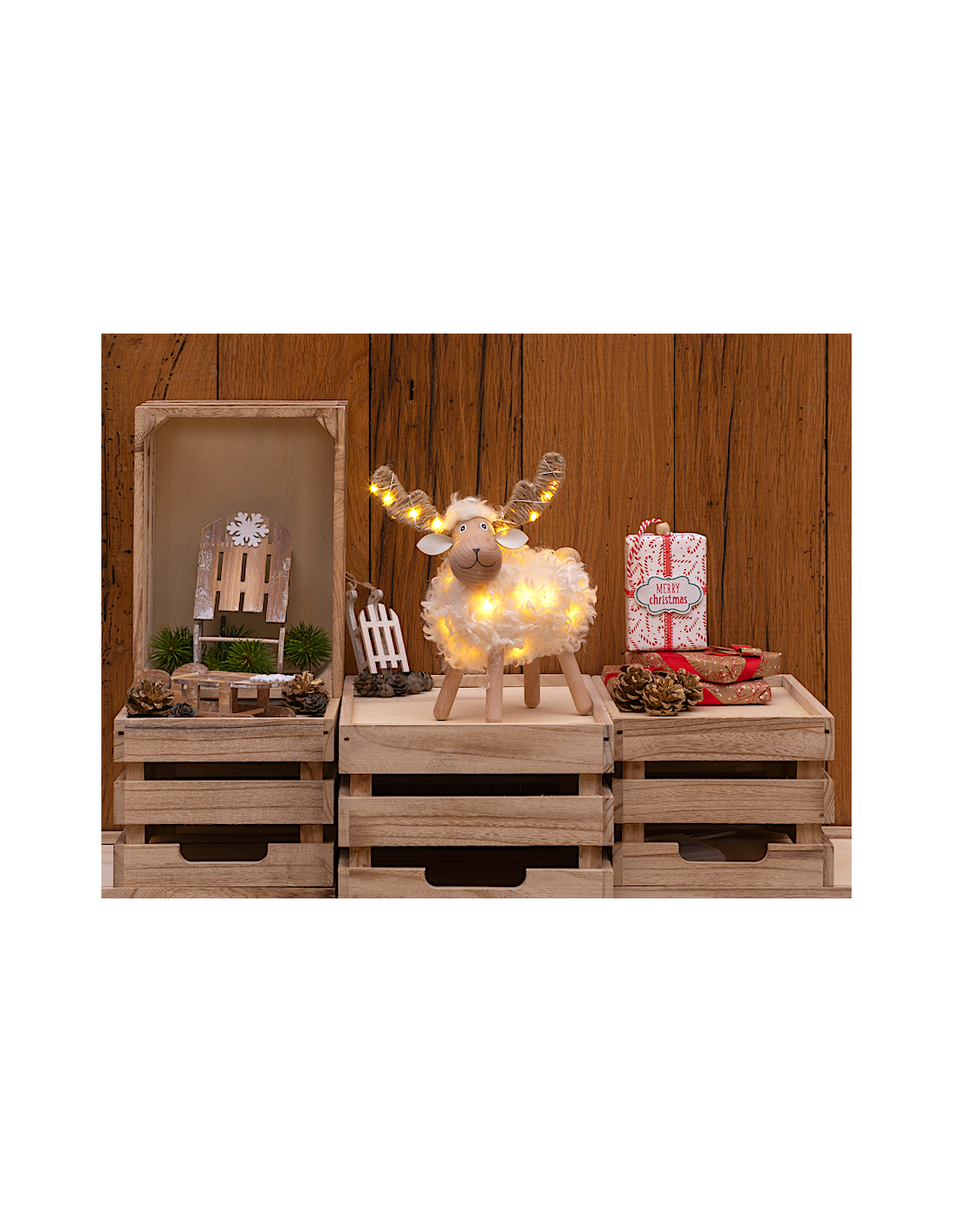 Pecorenna di Natale H23cm, 32 MicroLED Dual Color Bianco Caldo e Multi, 8 Giochi di Luce, Timer 6h, Legno Naturale