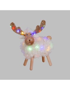 Pecorenna di Natale H23cm, 32 MicroLED Dual Color Bianco Caldo e Multi, 8 Giochi di Luce, Timer 6h, Legno Naturale
