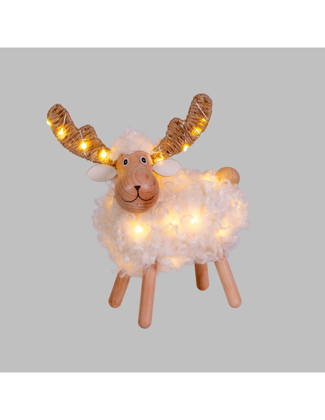 Pecorenna di Natale H23cm, 32 MicroLED Dual Color Bianco Caldo e Multi, 8 Giochi di Luce, Timer 6h, Legno Naturale