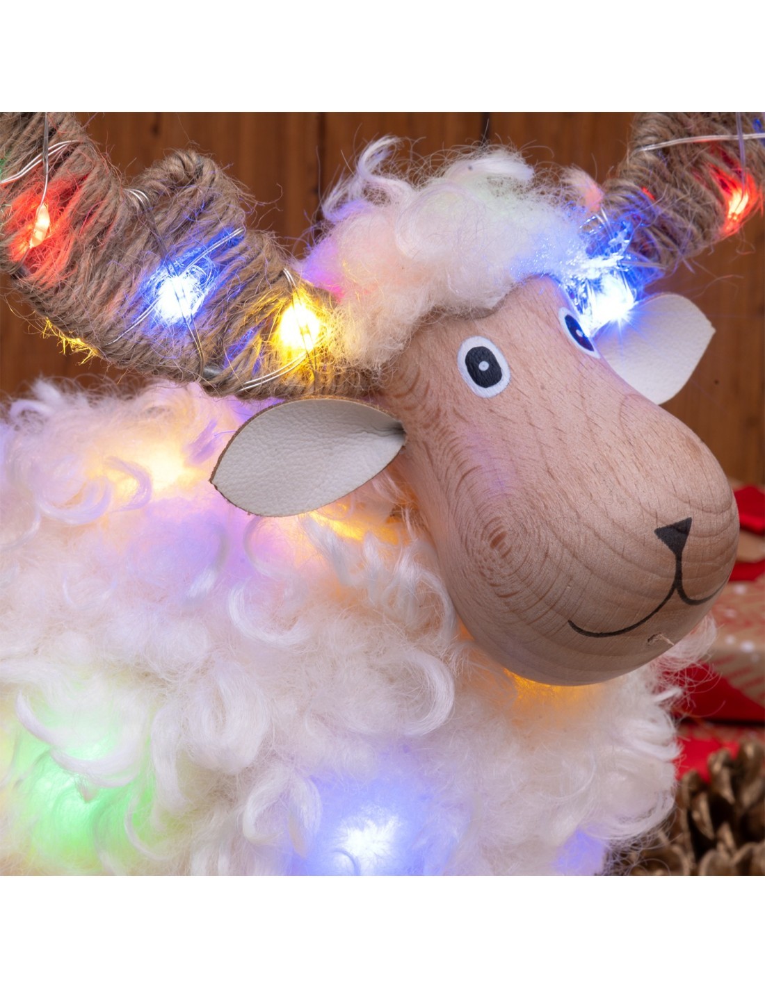 Pecorenna di Natale H23cm, 32 MicroLED Dual Color Bianco Caldo e Multi, 8 Giochi di Luce, Timer 6h, Legno Naturale