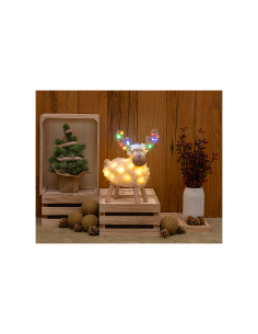 Pecorenna di Natale H31cm, 50 MicroLED Dual Color Bianco Caldo e Multi, 9 Giochi di Luce, Timer 8h, Struttura in Legno