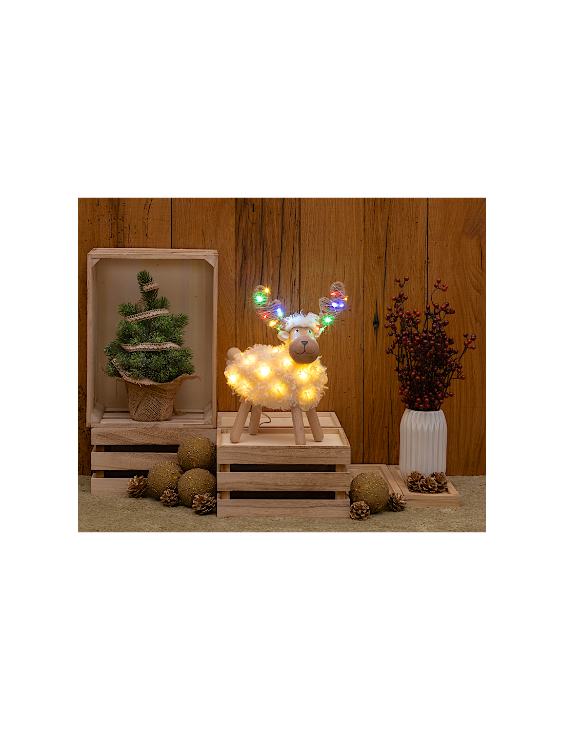 Pecorenna di Natale H31cm, 50 MicroLED Dual Color Bianco Caldo e Multi, 9 Giochi di Luce, Timer 8h, Struttura in Legno